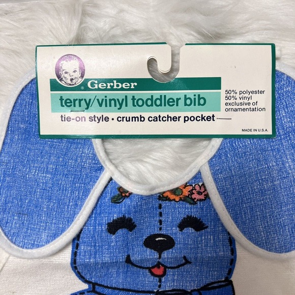 Vintage Gerber toddler Tie-On Bib Crumb Catcher Pocket Polyster/Vinyl Blue Dog - Picture 2 of 8